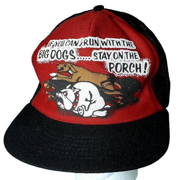 VTG Trucker Hat Cant Run With Big Dogs Stay On Porch Bulldog Doberman Mesh Cap - Picture 1 of 6